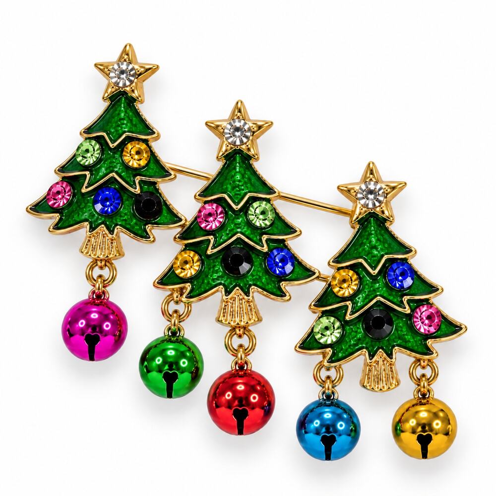 Christmas Tree Brooch Pin Gold Rhinestone Jingle Bells Holiday Jewelry CP164